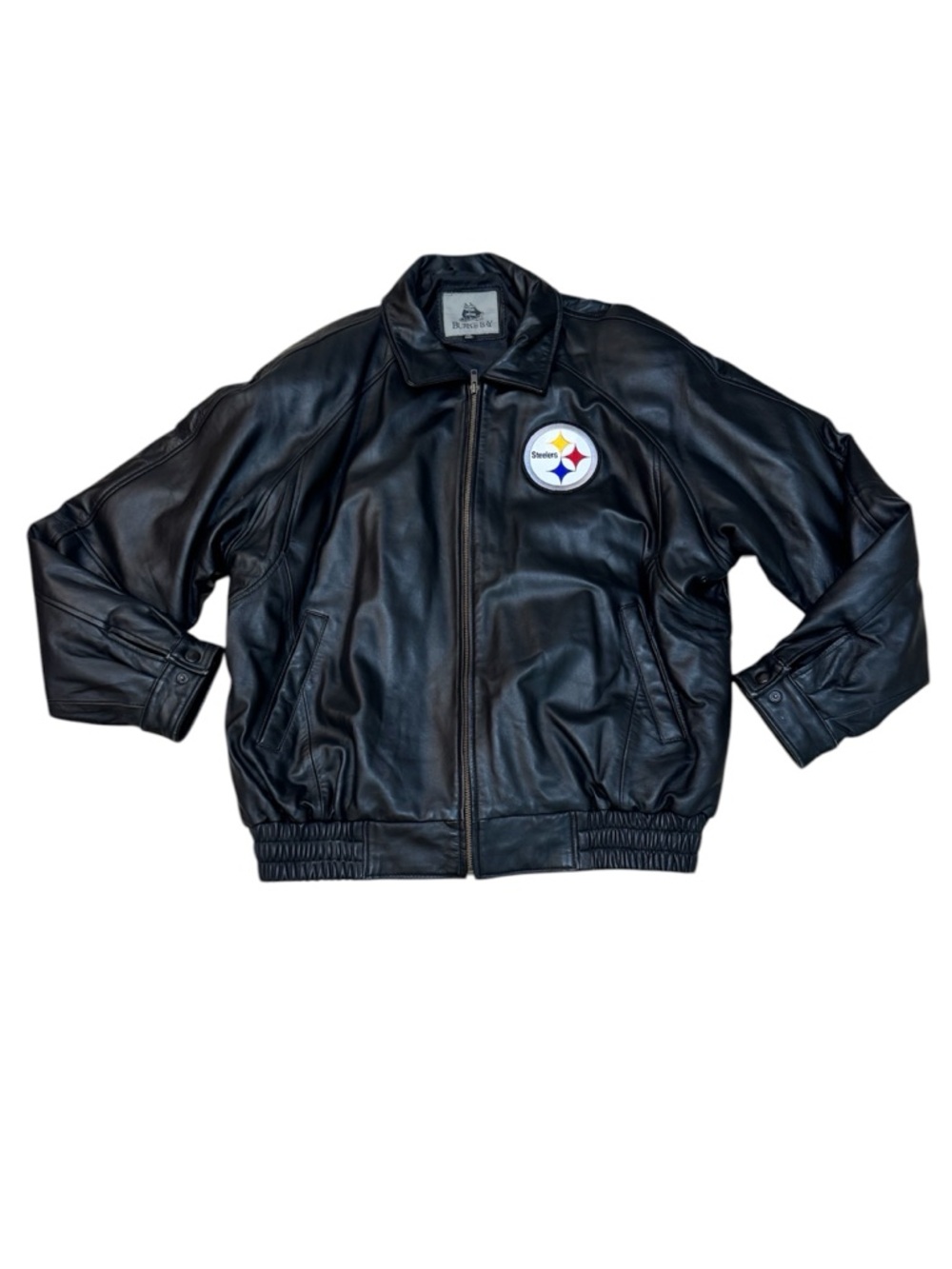 VTG 90s Burk’s Bay Pittsburgh Steelers Black Bomber Leather Jacket Size XXL
